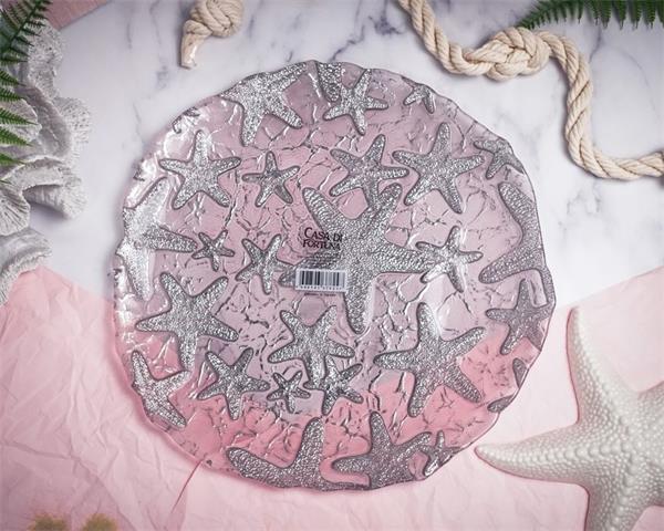 Блюдо d 33 см h 2,2 см, стекло, цвет пастельно-розовый с серебристым декором, Estrella De Mar