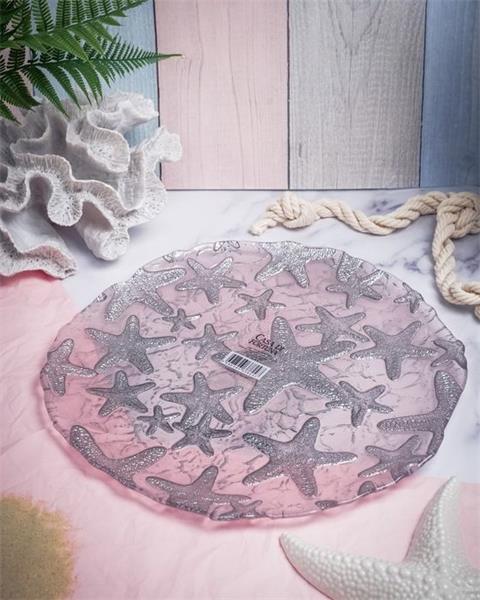 Блюдо d 33 см h 2,2 см, стекло, цвет пастельно-розовый с серебристым декором, Estrella De Mar