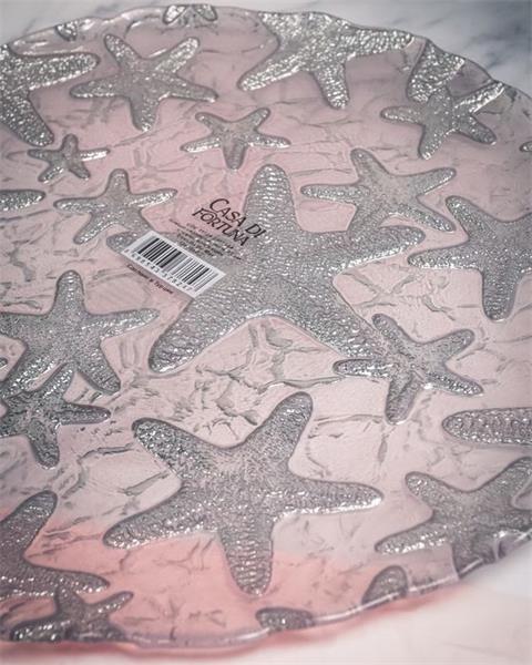 Блюдо d 33 см h 2,2 см, стекло, цвет пастельно-розовый с серебристым декором, Estrella De Mar