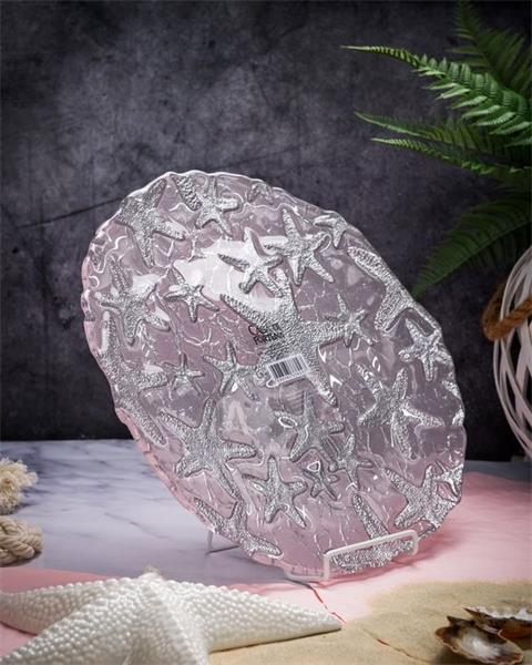 Блюдо d 33 см h 2,2 см, стекло, цвет пастельно-розовый с серебристым декором, Estrella De Mar